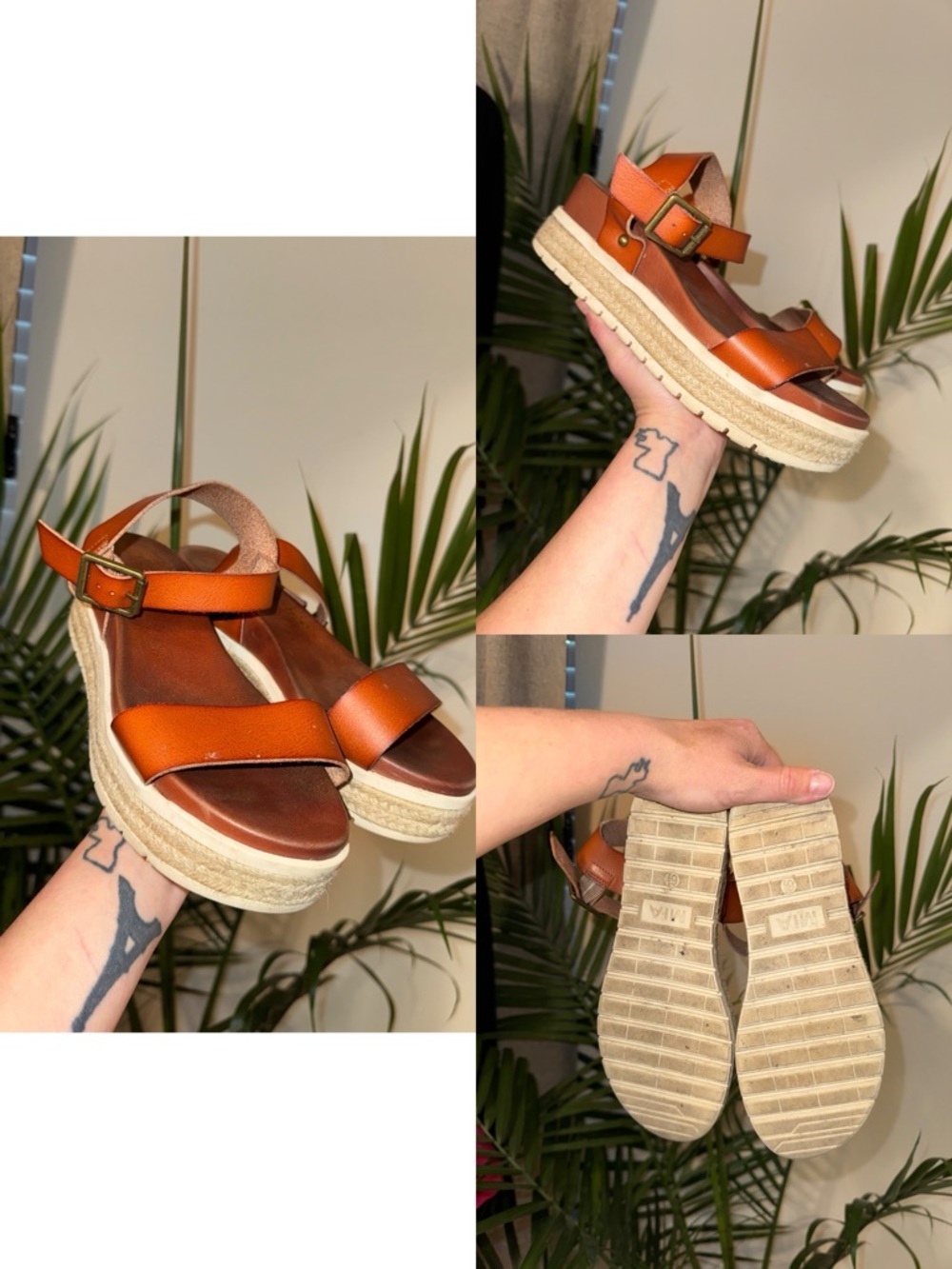 MIA Cognac Leather Platform Espadrille Sandals